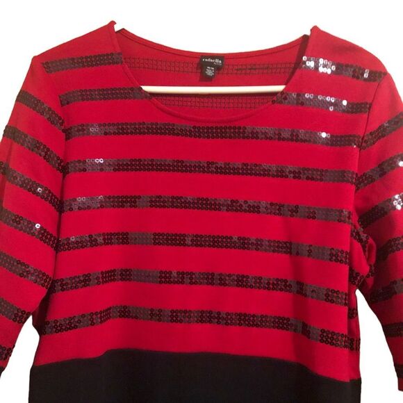 Rafaela Petite Size M Crew Neck Red Black Striped Shimmery Holiday Sweater - Picture 5 of 13